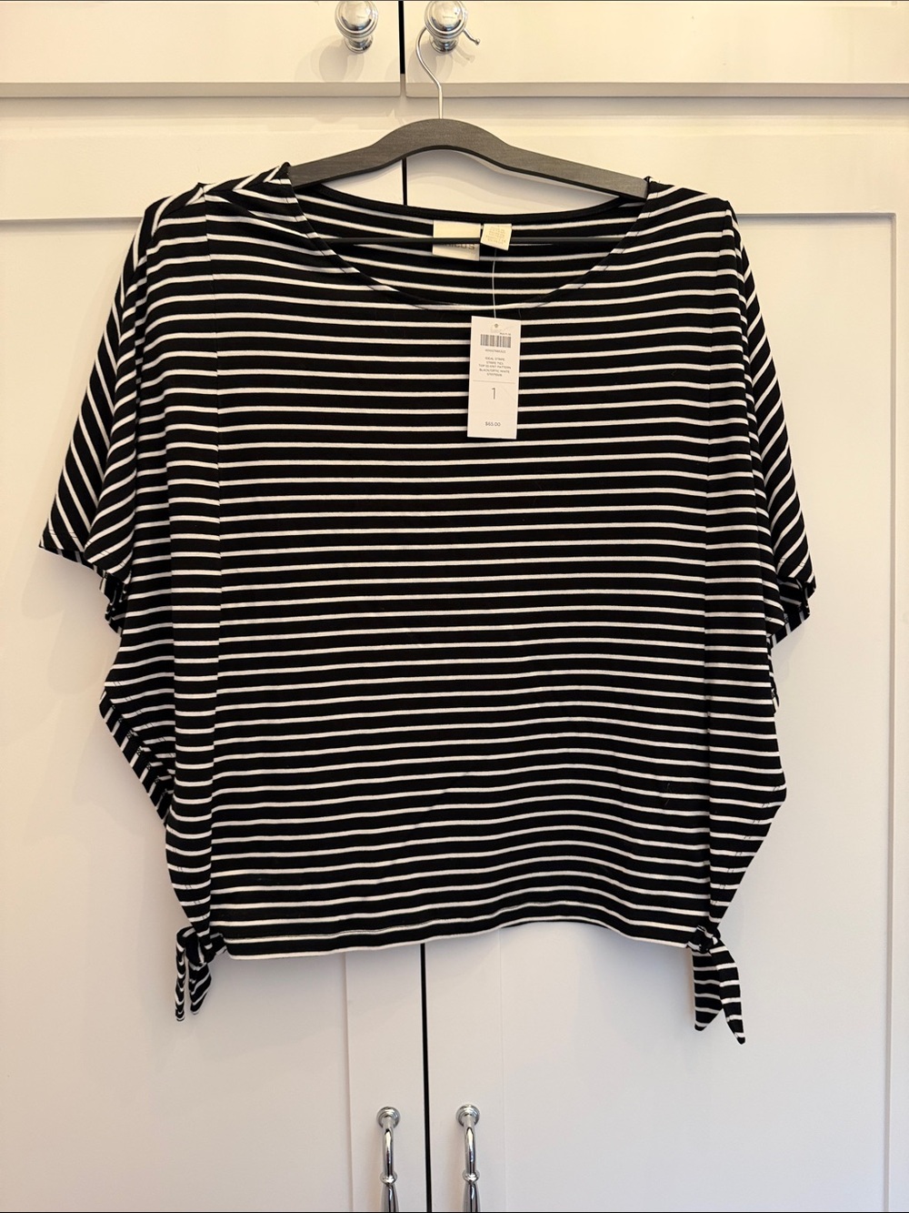 Chico's Black & White Striped Side-Tie Short Sleeve Top